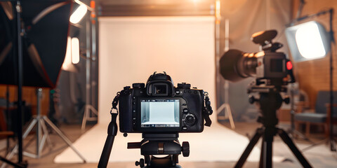 Camara fotografica en un Tripie con un fondo blanco enfrente en un estudio