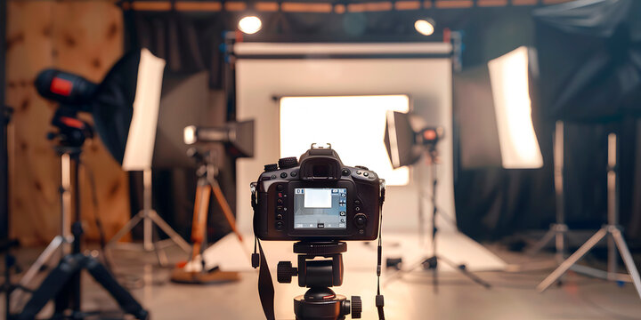 Camara fotografica profesional en un estudio montada en un Tripie 
