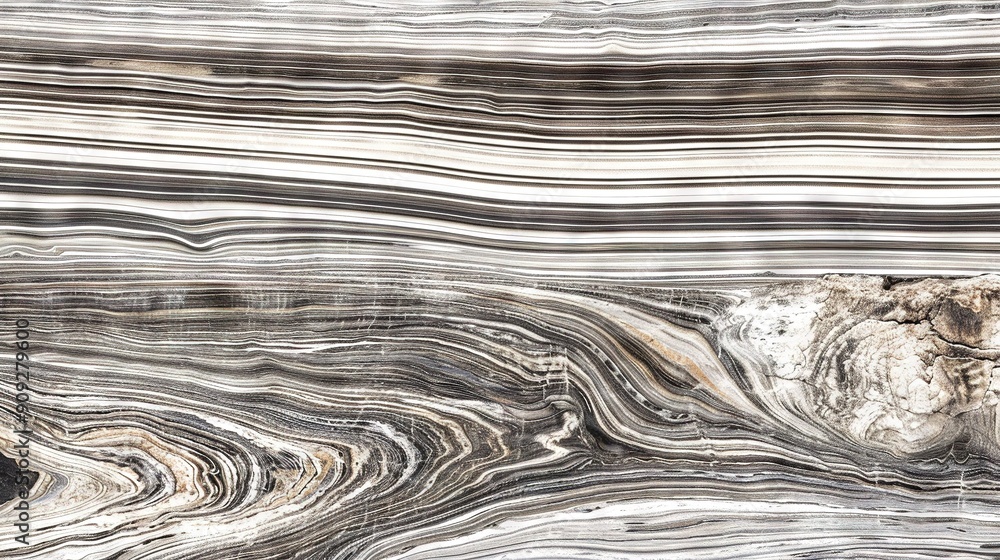 Poster a close-up of a marble surface, showcasing intricate black and white swirl patterns on both top and 