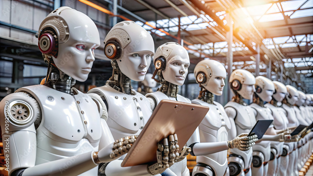 Poster a row of humanoid robots stands in a factory, each examining digital devices, highlighting advanced 