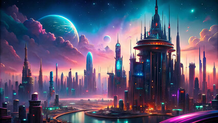 Obraz premium A stunning futuristic city with tall, illuminated buildings under a colorful sky at dusk, showcasing a blend of technology and creativity