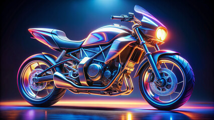 A sleek custom motorcycle stands illuminated, showcasing its design with vibrant neon lights that enhance its dynamic lines and metallic finishes