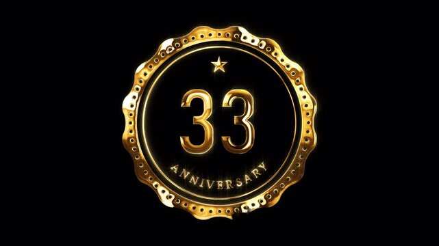 33rd Anniversary Celebration. Happy 33 Years Anniversary Animation in Gold Color on the Transparent Background, Alpha Channel. Great for greetings, celebrations, events, and gifts.
