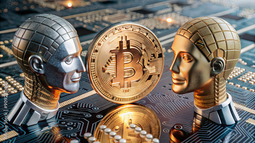 Aufkleber two robotic heads, one silver and one gold, face each other with a bitcoin in the center, set agains