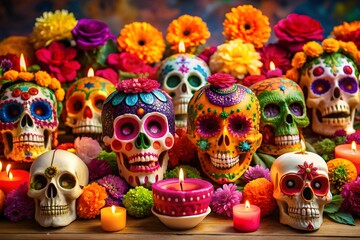 Fototapeta premium Dia de los muertos mexican day of the dead table composition with skull,candles,flowers 