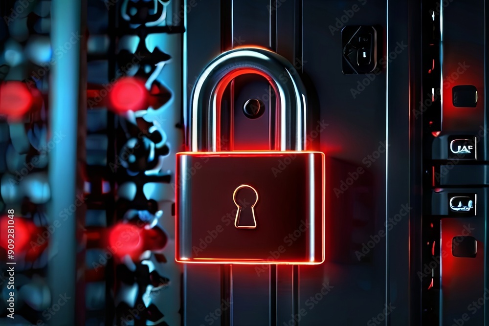 Poster a shiny metallic padlock emits a red glow, securing a server rack filled with technology and glowing