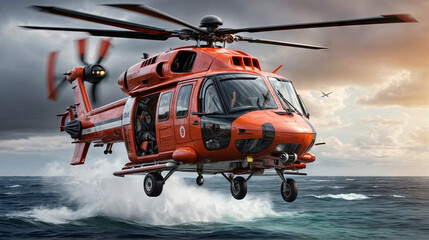 Fototapeta premium A rescue helicopter hovers over turbulent ocean waves, showcasing its readiness for maritime emergency assistance during twilight hours