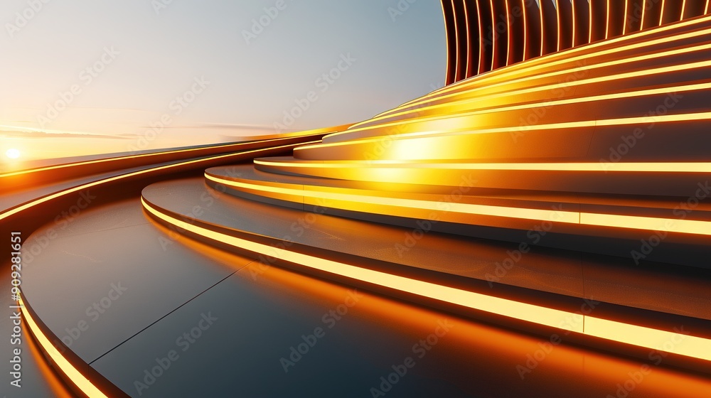 Poster an abstract image of a curved building, with the sun setting in the background and a blurry version 