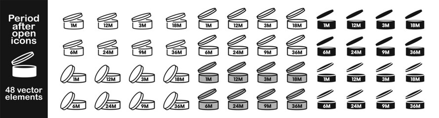 Period after open icons set. PAO symbol shelf life vector icon. Expiration date after opened icons set