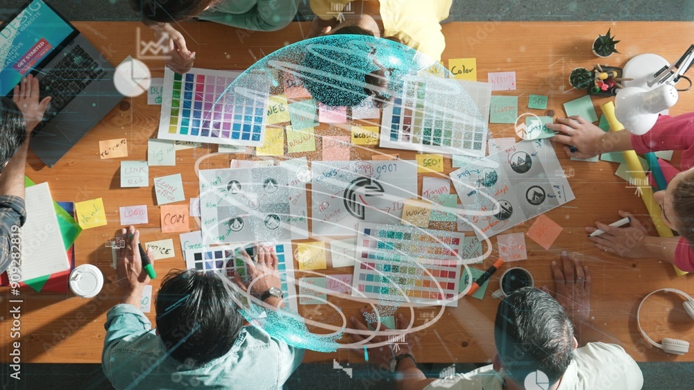 Poster top view of creative designer working together brainstorming idea by using sticky notes at meeting t