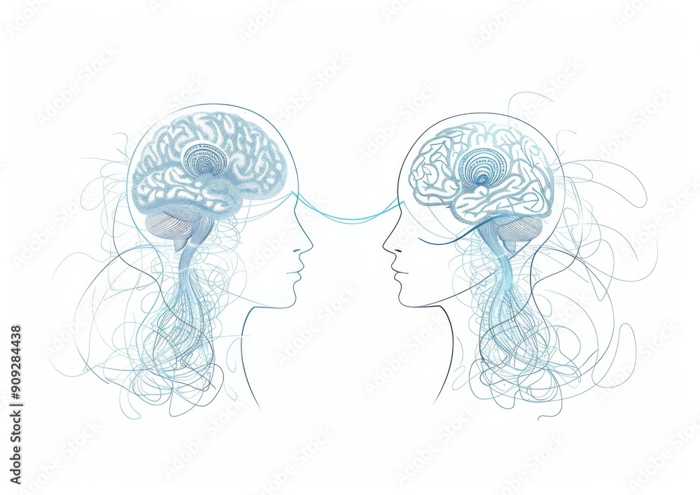Poster two heads with brain waves and a line connecting them. ai.