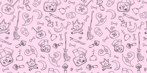 Halloween pattern. Hand drawn icons set. Seamless background. Holiday icons and attributes. Drawing, doodle. Poison preparation on a fire. Witchcraft potion. Wizard hat.