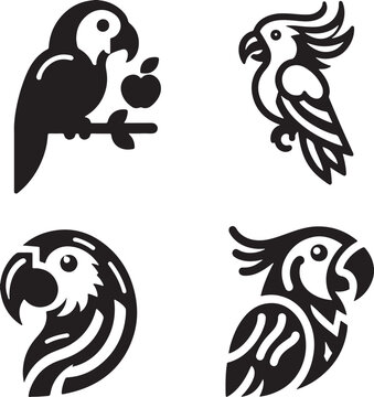 Set of black and white parrot silhouettes collection isolated on white background. Parrot vector collection