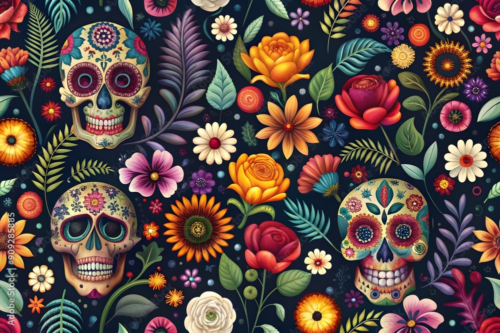 Wall mural Day of the Dead skulls pattern. Mexican dead Cat. Dia de los muertos print. Day of the dead and Mexican tradition festival. Day of the dead sugar skull isolated. Dia de los Muertos tattoo skulls.
