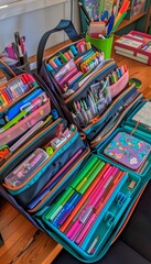 Fototapeta premium Organized School Backpack with Neatly Arranged Supplies for Back-to-School Preparation and Study