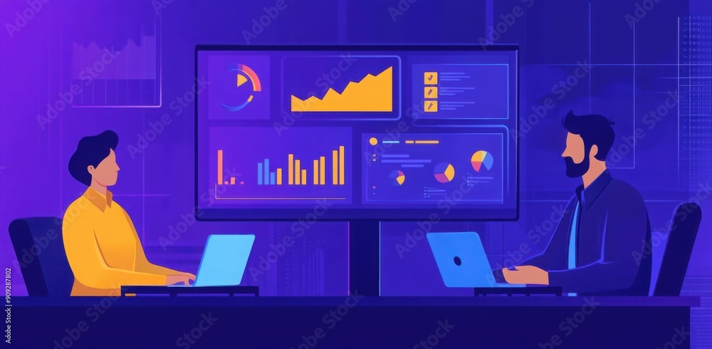 Poster a businessman and customer are discussing marketing data with charts and graphs floating in the air 