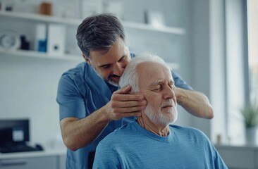 A male physical therapist is helping an elderly man do neck exercises in the office.