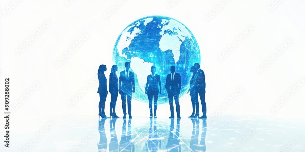 Poster abstract digital hologram of a group of business people standing in front of a globe, representing t