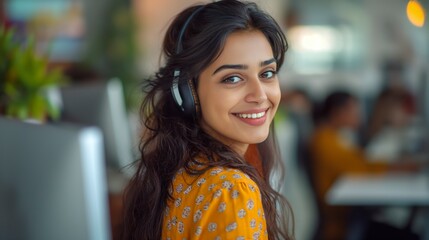 Young Indian woman with long, dark hair wearing headphones, smiling at the camera