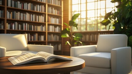 Ultra-realistic interior of cozy home library with white armchairs and  wooden table with open magazine in sunlight