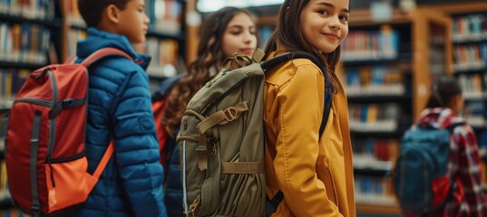 Fototapeta premium Students with Stylish Backpacks in a School Library, Perfect for Education and Book Storage