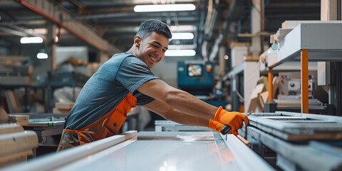 A cheerful woodworker standing at a workbench in a well-equipped workshop, wearing a green apron and orange gloves, various woodworking tools, saws, drills, workbench