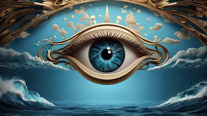 the art deco flared design of an eye suspended in  the