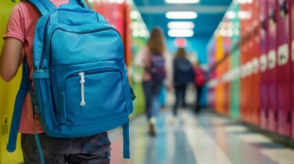 Fototapeta premium Vibrant School Hallway with Students and Colorful Lockers Highlighting Practical Backpack Design