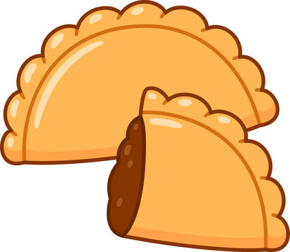 Traditional South American empanadas (meat pies). Half empanada with meat filling. Cartoon doodle clipart illustration.