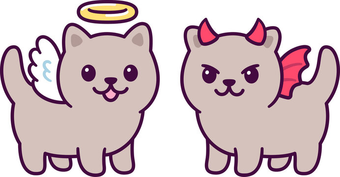 Angel and devil little baby kitten, cute cartoon drawing. Simple kawaii doodle style illustration.