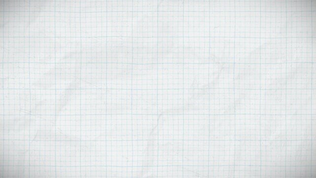 Animated texture of crumpled white grid paper, that is used for engineering and school notebooks, with blue lines and specks of dust and dirt.