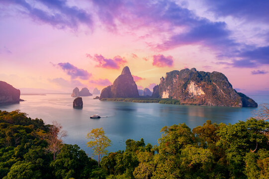 Beautiful nature of Thailand aerial view, amazing sunset landscape Phang Nga bay and Hong tropical island. Travel trip on Asia concept
