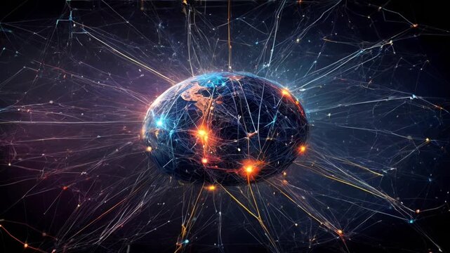 Global digital network of artificial intelligence brains sending data. Illustration of digital thinking process. Conceptual visualization of brain intelligence activity. Future technology intelligence