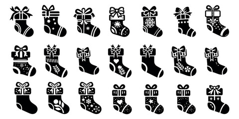 Black silhouette of gift Christmas stocking for surprise, vector set