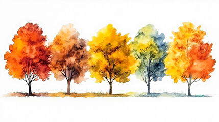A row of trees with leaves of different colors, including yellow, orange, and green.