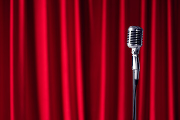 Old microphone on theater stage on red curtains background. Concept stand up, comedian show banner.