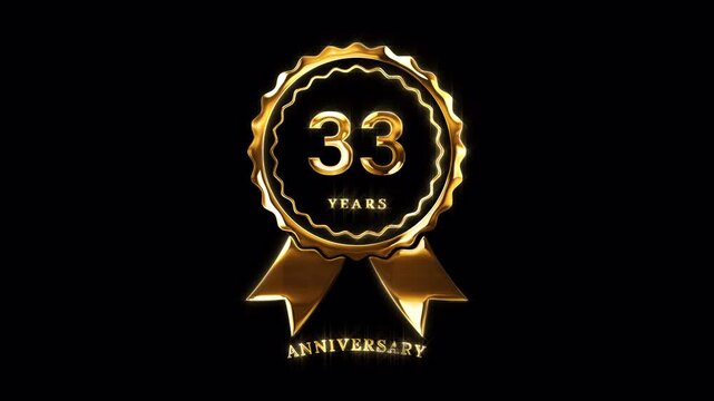 33rd Anniversary Celebration. Happy 33 Years Anniversary Animation in Gold Color on the Transparent Background, Alpha Channel. Great for greetings, celebrations, events, and gifts.
