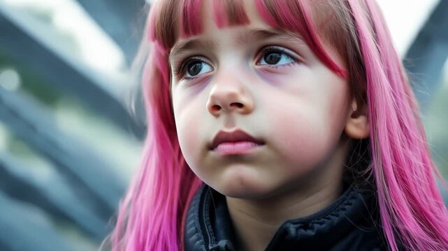A teenage girl her bubblegum pink hair standing out against the monochromatic backdrop of a steel installation gazes thoughtfully into the distance.