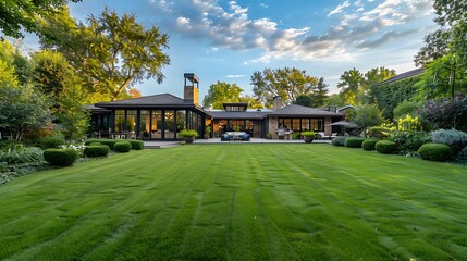 Fototapeta premium The house backyard showcases an encompassing large lawn