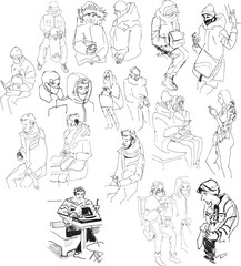 Tourists Men Women Sitting Walking Line Isolated White Background. People line art silhouette lifestyle trip transport metro bus waiting plane eating public place guy in hooded jacket phone use