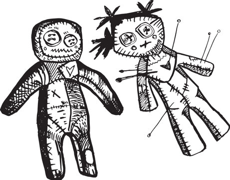 Line Drawing Freehand Voodoo Dolls Patchwork Handmade Witch Set Design Halloween Clip Art  Ritual Doll With Needles Cartoon Style Illustration Children Book Logo Ink Black Detailed Witchcraft Isolated