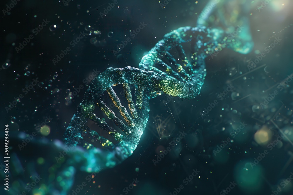 Poster a vibrant double helix dna structure spirals through a dark, abstract background filled with shimmer