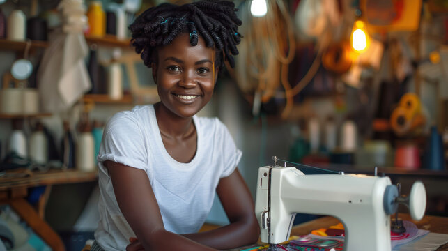 young smiling woman seamstress sews on a sewing machine in a sewing workshop, small business, girl, worker, businesswoman, fabric, professional, portrait, face, studio, dressmaker, tailor, fashion