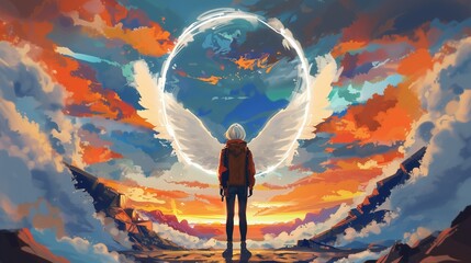 Striking digital art depicting a man standing in front of a massive ethereal winged portal against a vivid sunset, it brings thoughts of adventure, mystery and exploration, inspiring awe and wonder.