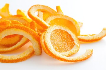 Natural peel and slices of juicy orange in sugar. Concept of health and proper nutrition