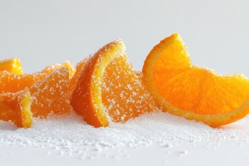 Natural peel and slices of juicy orange in sugar. Concept of health and proper nutrition