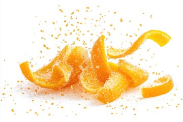 Natural peel and slices of juicy orange in sugar. Concept of health and proper nutrition
