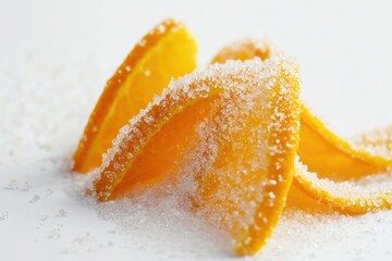 Natural peel and slices of juicy orange in sugar. Concept of health and proper nutrition