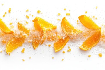 Natural peel and slices of juicy orange in sugar. Concept of health and proper nutrition