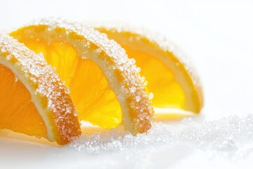 Natural peel and slices of juicy orange in sugar. Concept of health and proper nutrition